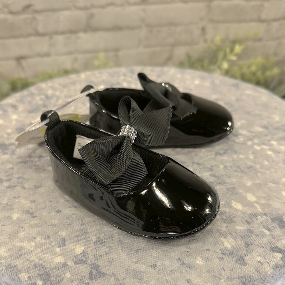 Stepping Stones - Black Patent Mary Jane Dress Bow Flats Baby Girl 6-9 mos.🖤NWT